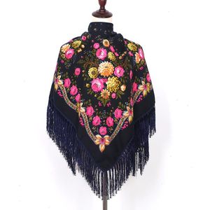 Women Large Size Russian National Square Scarf Cotton Flower Pattern Print Headscarf Wraps Ladies Retro Fringed Blanket Shawl