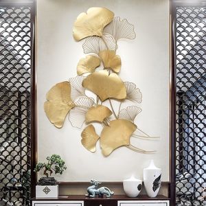 Modern Luxury Wrought Iron Wall Hanging Ginkgo Leaf Crafts Decoration Home Background Sticker Porch Metal Mural Accessories Y200103