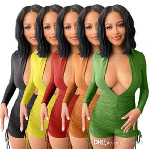 Spring Summer Jumpsuits For Women Designer Clothing Sexy Deep V Long Sleeved Zipper Rompers Bodycon Shorts Capris