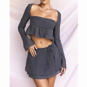 Work Dresses Women Y2k Fairy Grunge Outfits Solid Long Sleeve Zipper Ruffled Crop Tops High Waist Tie-Up Multi-Layer Skirt Sexy Clothing Set