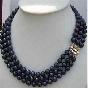 Vender Collar De Perlas al por mayor-Nuevas joyas de perlas finas Vender hilos triples de mm Collar de perlas negras naturales de pulgadas de oro de k clasp222p
