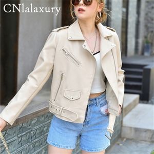 Spring Autumn Women Blue Faux Leather Jacket Solid com zíper de cinto Biker Coat feminino Casual Outwear Femme 220815