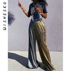 Sexy Color Blocking Wide Leg Pant Bicolor High Waist Gold Stamping Draping Effect Loose Trousers Fall Party Costume 220325