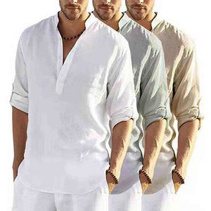 Erkek Casual Bluz Bahar Sonbahar Pamuk Keten V Yaka Uzun Kollu Düğme Tee Gömlek Moda Yakışıklı Erkek Gevşek T Shirt 220714