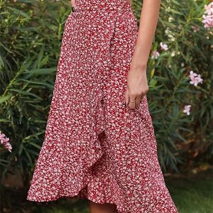 Blumendruck-Midiröcke für Frauen, lässig, elegant, rot, hoch taillierter Rock, modische Rüschen, unregelmäßiger Strandrock, Sommer 220523