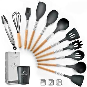 12 Pieces Cooking Tools Set SiliconeWood Handle Kitchen Cooking Utensils Set with Storage Box Turner Tongs Spatula Soup Spoon T200323