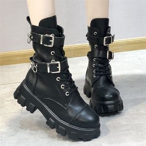 Frauen Erwachsene Motorradstiefel Schwarz Metall Dekoration Punk Stil Dicke Unterseite Drsign Frau Schuhe Plattform Stiefeletten Weiblich 201106