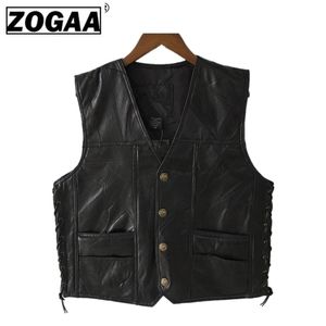 Zogaa Motorcykel Vest Leather Men's Black Waistcoat Manlig cyklist Punk äkta läderknapp Lace Up Autumn Sleeveless Jacket Men 201128