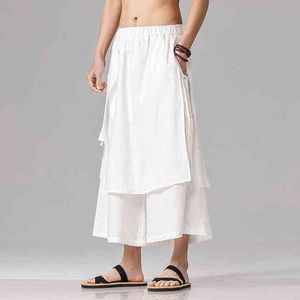 2022 Men Solid Color Irregular Pants Mens Elastic Waist Loose Hanfu Skirt Trousers Male Streetwear Harajuku Wide Leg Pants L220706