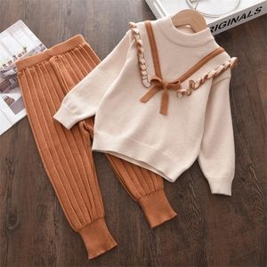 Melario Otoño Invierno moda niñas arco de punto conjuntos de ropa gruesa niños cálido manga larga suéter pantalones 2 uds conjunto bebé niña traje 220326