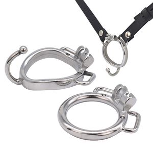 Stainless Steel Chastity Devices Cock Ring with Ears and PU Strap Belt for Matching Cage that Uses Built-in Lock System