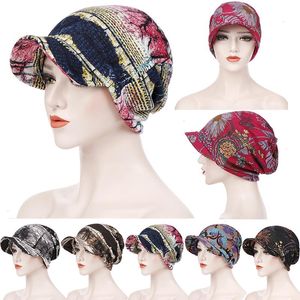 Womens Print Beanies Hat Wraps Female Autumn Winter Cotton Baseball Hats Ponytail Vintage Warm Turban Cap Visors Caps