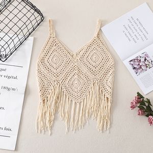 New fashion women's retro ethnic tanks spaghetti strap v-neck crochet knitted hollow out tassel fringe vest camisole