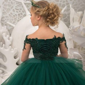 2122 Abiti da ragazza di fiore verde per matrimonio Spaghetti Pizzo Applicazioni floreali Gonne a strati Vestito da spettacolo per ragazze Festa di compleanno per bambini G268T