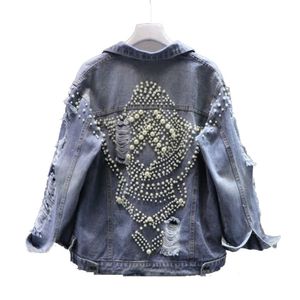 Pérolas de jeans de pérolas para mulheres Jaqueta de diamante de outono para mulheres Vintage Harajuku Coat feminino Jean Coat 201029