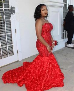 Strapless Long Red Elegant Prom Dresses for Black Girls 2022 Ruffles Evening Dress Mermaid Birthday Party Gowns Sequined Robe De Bal