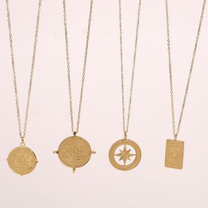Pendant Necklaces Stainless Steel Gold Color North Star Sun Lion Fortune Compass Coin Signet Necklace For Women Girl Jewelry GiftPendant