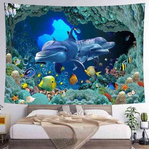 Dolphin Tapestry Ocean Landscape WALLING HOME DECORATION DECORATION TEEK TEEKU Podwodne światowe dywany jogi mata piknikowa J220804