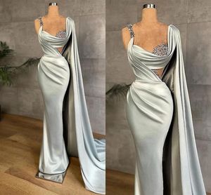 Sparkly Arabic Sage Satin Mermaid Evening Dresses Crystals Straps Pleats Sweep Train Beaded Prom Party Gowns with Long Wrap Cape Aso Ebi Robe de Soiree