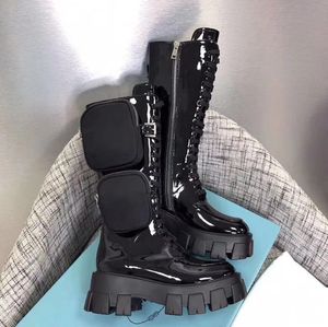 Kadın Diz Çizmeler Rois Naylon Derby Martin Çizmeler Kılıfı ile Savaş Patent Deri Ayakkabı Savaş Botları Siyah Kauçuk Taban Platform Ayakkabıları NO49