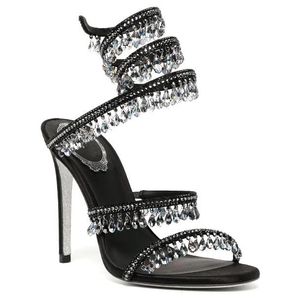 다이아몬드 rene caovilla crystal High Heel Sandals 여성용 발목 뱀 랩 펜던트 펜던트 슬리퍼 워터 드롭 드릴 숙녀 결혼 연회 하이힐 샌들