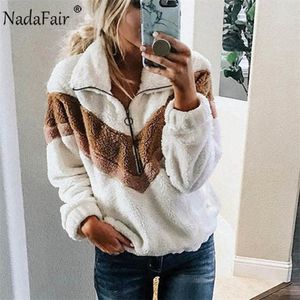 Nadafair Casual Fleece Sweeche Women 2019 Patchwork Zip Fux Fur Eversize Winter Fluffy Hoodie Perme Pluvers T200730