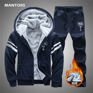 Mens de lã interno Conjunto de tracksuits de inverno Capuzes de veludo cair de pêlo casual com moletons com 2 peças de 2 peças Sportswear s 201128