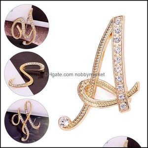Pins Brooches Jewelry Women Men A-Z Letter Brooch Rhinestones Crystal Sier Color English Alphabet Metal Pins Cute Accessories Christmas Gif