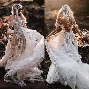 Backless Lace Boho Wedding Dress D Appliqued Summer Beach Bridal Gowns Off The Shoulder Tulle Outdoor Lady Marriage Dresses