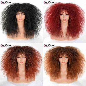 Short Hair Afro Kinky Curly Wigs with Bangs for Black Women African Synthetic Ombre Glueless Cosplay Blonde Rurple Red Wig 220622