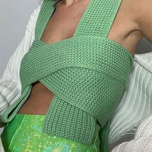 Green Bandage Knit Top Women Summer Sleeveless Off Shoulder Knitted Crop Sexy Black White Tank Streetwear Vest 220325