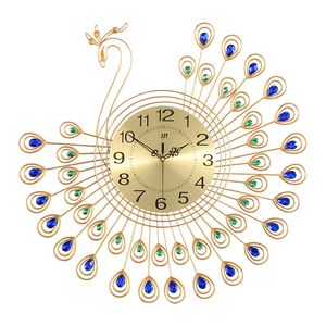 大きな3Dゴールドダイヤモンドピーコックウォールクロックメタルメタルウォッチ用リビングルーム装飾DIY時計クラフト装飾品ギフト54cm T2