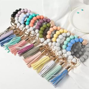 14 Colors Wooden Tassel Bead String Bracelet Key chain Food Grade Silicone Beads Bracelets Women Girl Key Ring Wrist Strap Party Favor FY2981