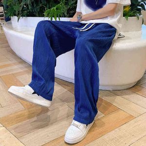 Färg veckade byxor män mode casual wide s japanska streetwear löst rak is silke j220629