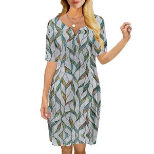 Kvinnor klär Long Green Vine 3D Printed Vneck Loose Casual Short Sleeve Shift Dress for Female Dresses Prairie Chic Style 220616