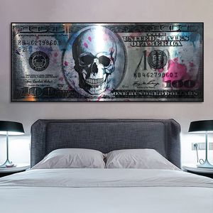 Schädel-Dollar-Geld-Kunst-Leinwand-Poster und Drucke 100-Dollar-Wandbilder Moderne kreative Leinwandmalerei für Wohnzimmer-Dekor