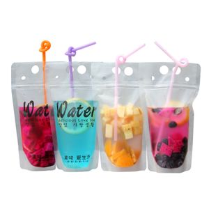 Water Bottles Plastic Drink Pouches Bags with Straws 500ml Reclosable Zipper Non-Toxic Disposable Drinking Container Party Tableware DH98