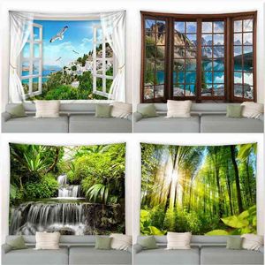 Landschaft Großer Wandteppich Fenster Wald Druck Boho Zimmer Hippie Hängende Teppiche Schlafzimmer Hintergrund Dekor Decke J220804