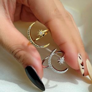 Top Selling Charm Designer Pierścień 925 Sterling Silver Moon Star 5a Cubic Cyrkonia 18k Złote Otwory Ring Regulowane Pierścienie Dla Kobiet Party Walentynki Prezent z pudełkiem