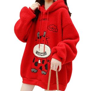 Chegamento de lã Cordeiro Mulheres do capuz de inverno Bordado casual Lucky Cute Cow Lady Sweatshirt coreano Red Pullover feminino 220815
