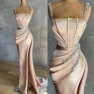 2022 Champagner Abendkleider Meerjungfrau Träger Kristalle Perlen Pailletten Plus Size Prom Party Kleider Formal Ocn Wear 401 401