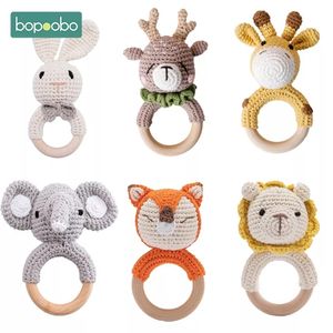 BOPOOBO 1PC Baby Rattles Crochet Bunny Drattle Toy Wood Ring Baby Teether Rodent Baby Gym Stringles Mobile Toys 220531