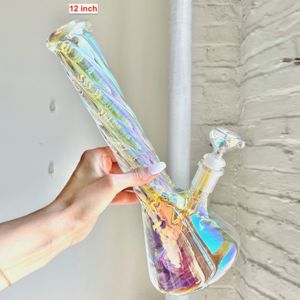 Cool Straight Tube Colorful Glass Bong Hookah Bubbler Heady Recycler Smoking Water Pipe Ice Catcher Dab Rigs About 5 mm thick