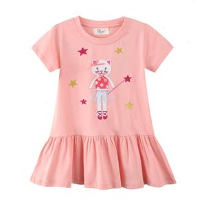 Summer Girls Dresses Animals Applique Cotton Pink Childrens Clothes Short Sleeve Party Birthday Baby Frocks