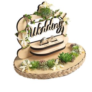 Custom Wood Ring Kissen Hochzeitszeremonie Wald handgefertigt kreatives Ringhalter Engagement Heiratsantrag Tag Dekoration272g