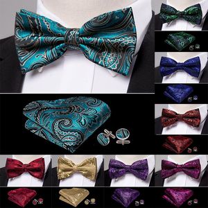 Barry Blue Green Gold Silk Men Bowtie Butterfly Paisley Handkerchief Cufflinks Set Pre-bow Tie Wedding Business Party