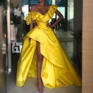 Yellow High Low Prom Dresses Ruffled Off The Shoulder Neckline Evening Gowns A Line Sweep Train Satin Formal Dress