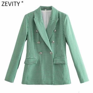 Zevidade Mulheres Vintage Vintage Pink Houndstooth Impressão De Manta Blazer Casaco Escritório Das Senhoras Dobro Dupla Outerwear Chic Slim Tops CT726 220402