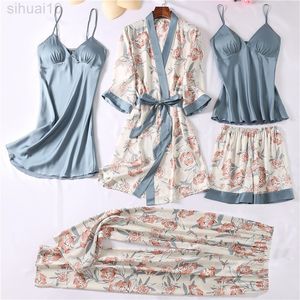 فترووين رداء مجموعات مثير nachtkleding satijn zijdeachtige nachtkleding kimono badjas print bloem intieme lingerie loungewear l220803