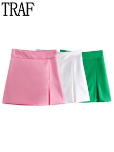 TRAF White High Waist Shorts Women Green Y2K Skirt Woman Summer Office Split Skort Fashion Streetwear for 220622